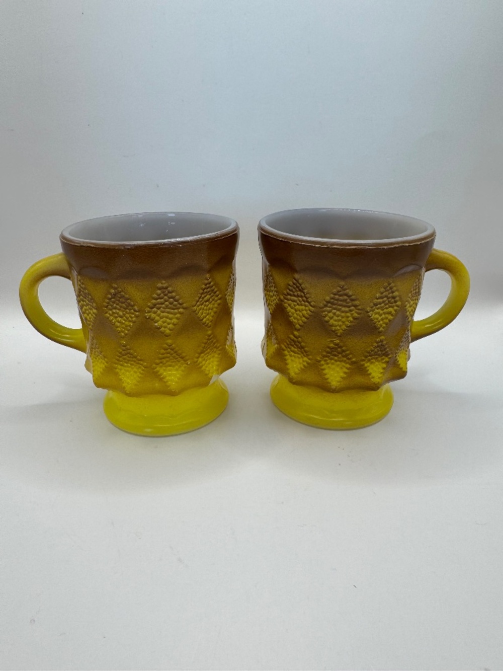 FireKing Anchor Hocking Diamond Pattern Kimberly Milk Glass Mugs Set of 2.